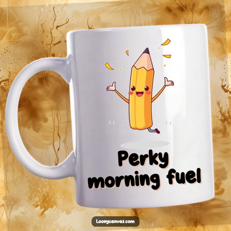 Funny mug featuring a cheerful pencil dancing energetically with shavings flying, celebrating artistic creation.