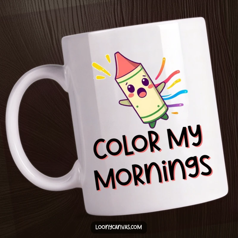 Funny surprised crayon character spinning uncontrollably, leaving a colorful streak on a mug, symbolizing energetic fun.