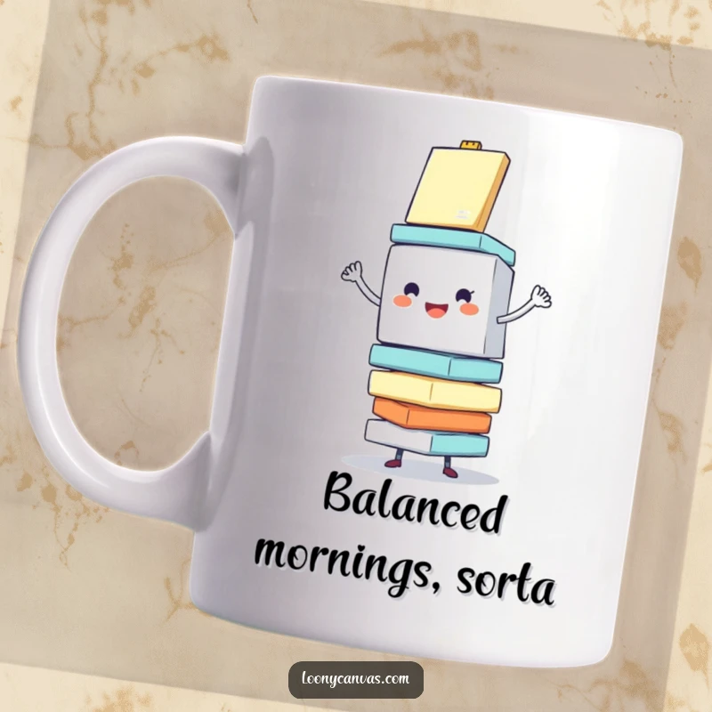 Funny mug showing a cheerful cube character enthusiastically balancing a stack of wobbling canvases, representing artistic dedication with humor.