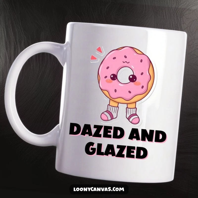Funny mug featuring a confused donut character pondering its tiny, mismatched socks, radiating adorable bewilderment.