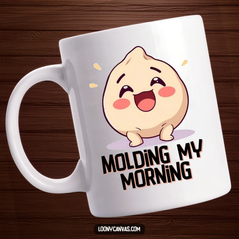 Funny mug featuring an excited clay ball squishing itself into a comical shape, embodying playful artistic transformation.