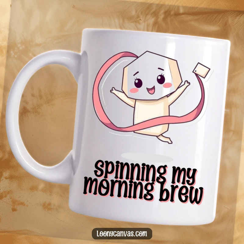 Funny mug showing a giddy geometric character happily twirling a long, flowing ribbon, embodying pure joy and movement.