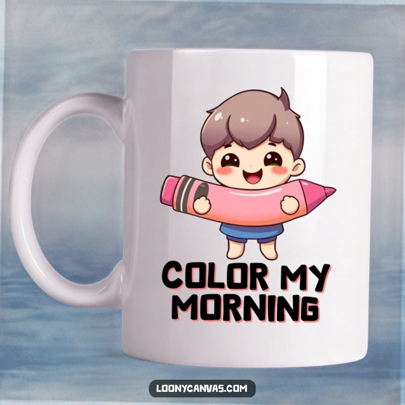 Funny giant crayon mug, a happy character joyfully holding an oversized crayon. Artistic and whimsical.