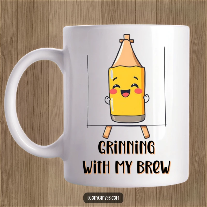 Funny mug with a giggling crayon drawing a cheerful smiley face on a canvas, radiating artistic happiness.