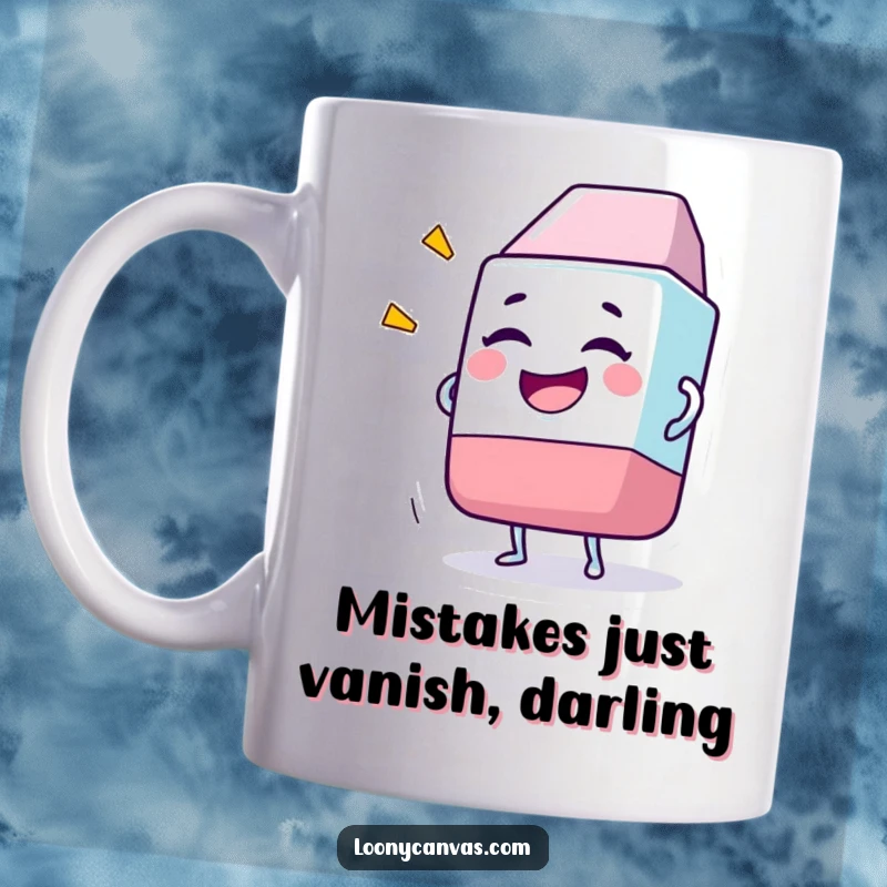 Funny mug with a giggling cartoon eraser character joyfully removing an enormous, comically bad drawing.