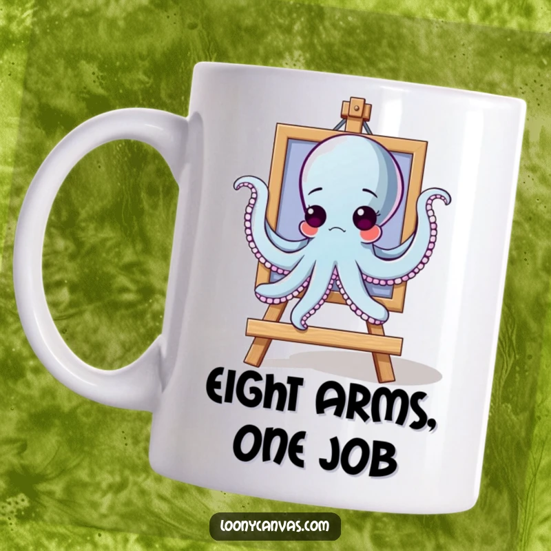 Funny goofy octopus character trying to hang a painting with all arms on a coffee mug, humorous decorator gift.