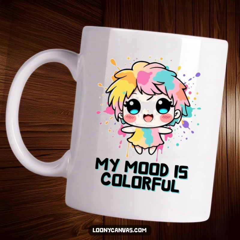 Funny delighted ink blot character is splashing with vibrant colors, radiating joy and artistic energy.