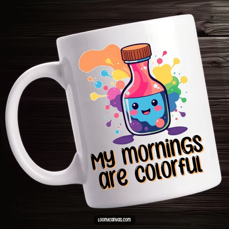 Funny mug with a cheerful ink bottle character spilling a vibrant rainbow of abstract paint patterns.