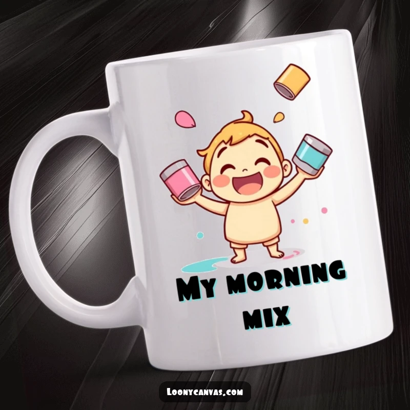 Funny juggling paint mug, a jolly character cheerfully tossing multiple paint cans in the air. Artistic and fun.