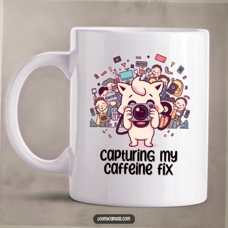 Funny happy Kawaii camera character with a smile snaps a picture, resulting in a hilariously chaotic photo.