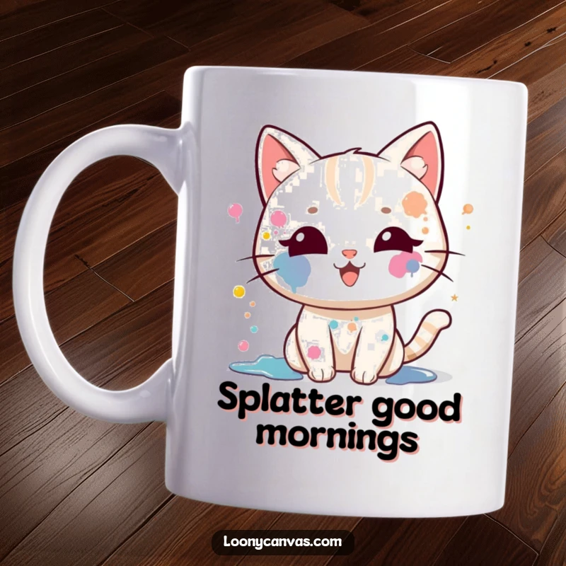 Funny kawaii cat artist mug, a cute cat with paint splatters on its face, gleefully splattering paint with joy.
