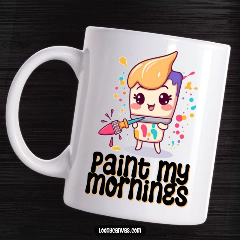 Funny Kawaii paintbrush character in mid-splatter, eyes wide with manic glee, on a mug.