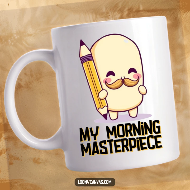 Funny kawaii pencil character playfully doodling a tiny mustache on a white mug, creating a humorous and artistic vibe.