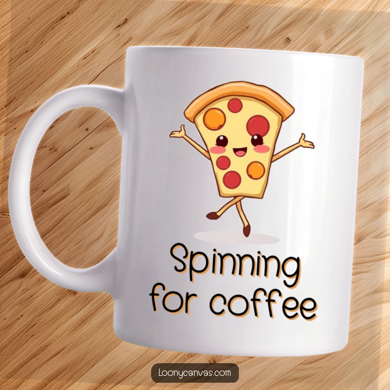 Funny kawaii pizza slice mug, a smiling pizza slice enthusiastically doing a ballet pirouette, celebrating delicious movement.