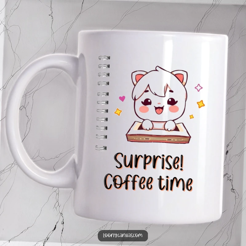 Funny kawaii sketchpad character popping open with a cheerful surprise, cute and humorous art, a great funny gift for artists.