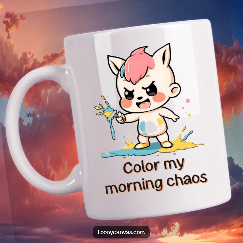 Funny mug showing a mischievous character gleefully splattering colorful paint, capturing the essence of playful art creation.
