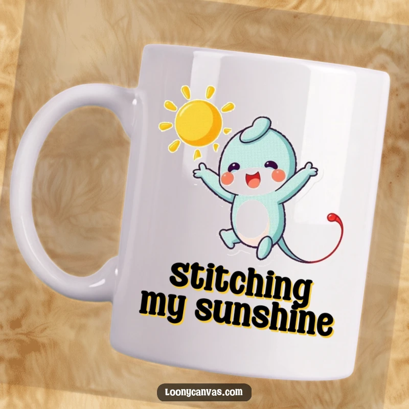 Funny mug depicting a needle character mid-leap, energetically stitching a bright, radiant sun with vibrant thread, symbolizing creativity and joy.