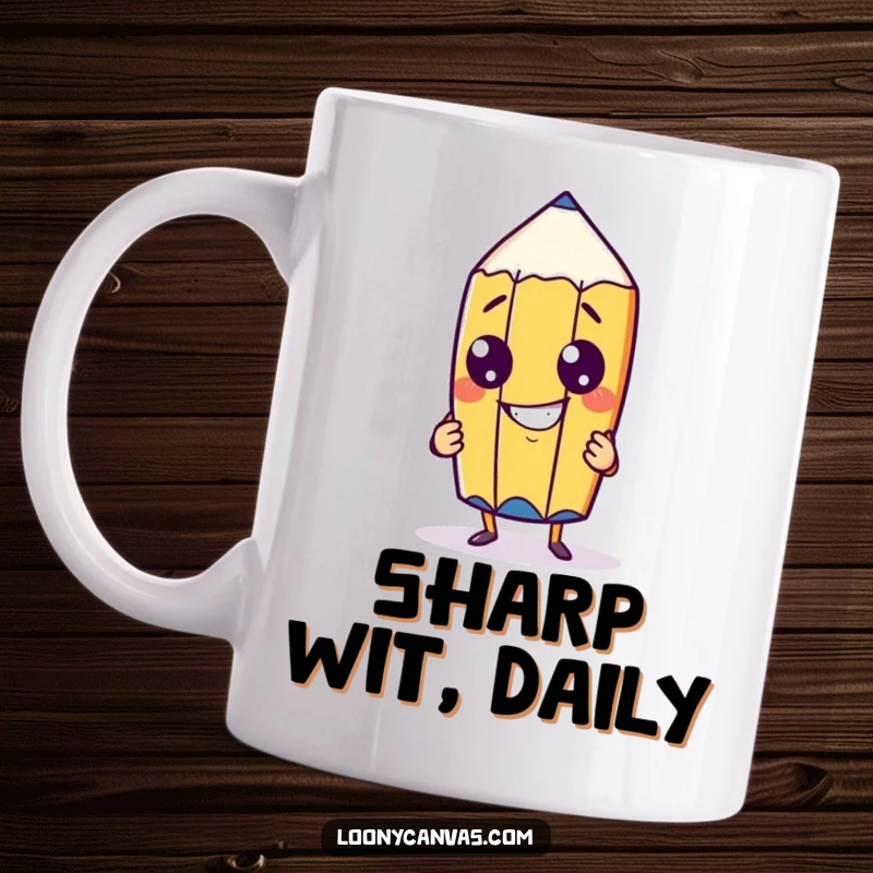 Funny cheeky pencil character with a goofy grin attempting to draw itself on a mug, celebrating artistic endeavors and humor.