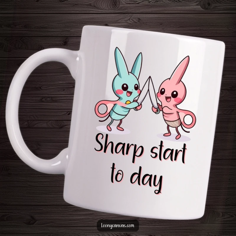 Funny mug showing two playful scissors characters engaged in a friendly, exaggerated cutting duel.