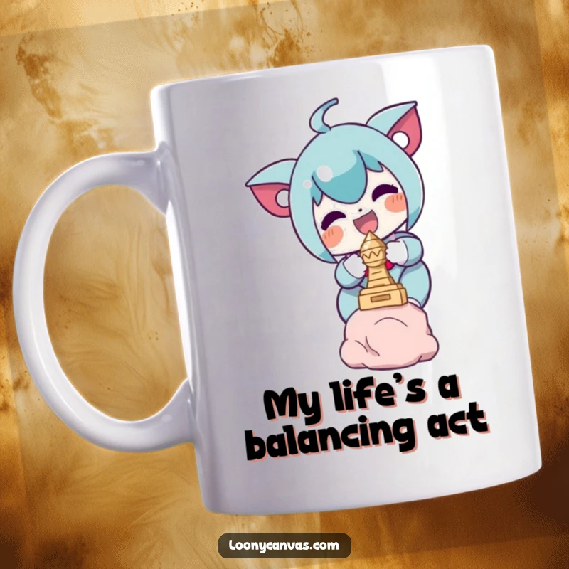 Funny mug showing a delighted character precariously balancing a small, intricate sculpture, capturing a moment of intense focus and potential disaster.