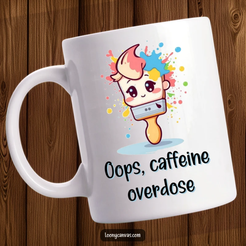 Funny mug featuring a shy paintbrush dramatically splattering vibrant paint, conveying artistic anxiety and humor.