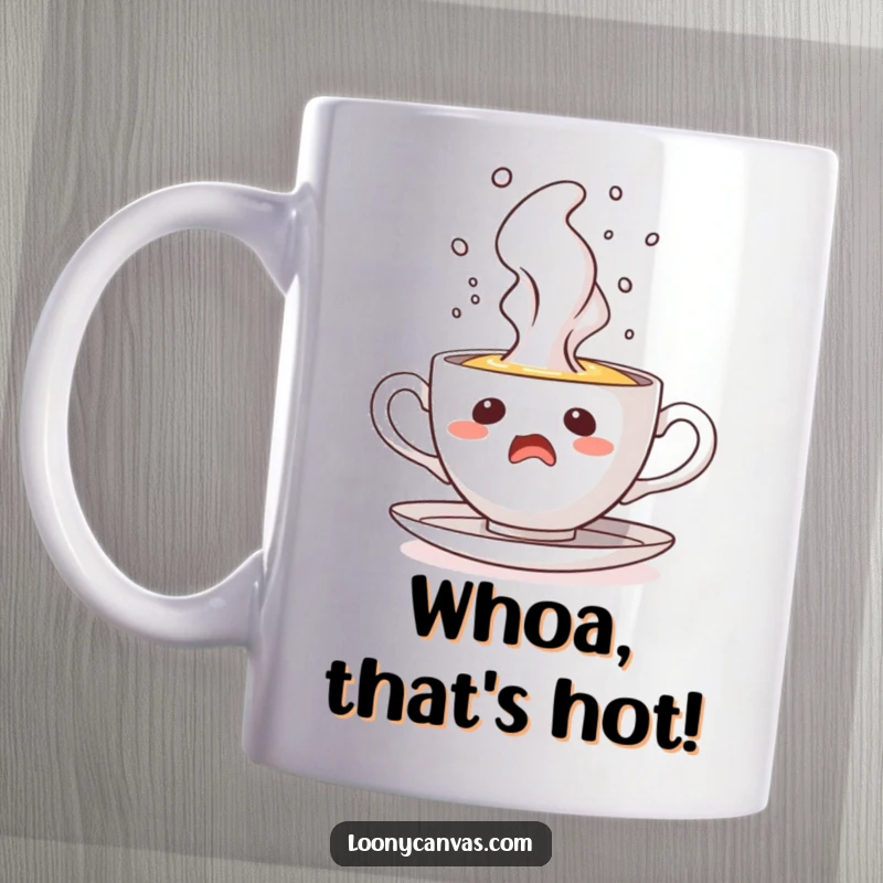 Funny mug showcasing a startled teacup character with steam erupting dramatically like a geyser, capturing a moment of surprise.