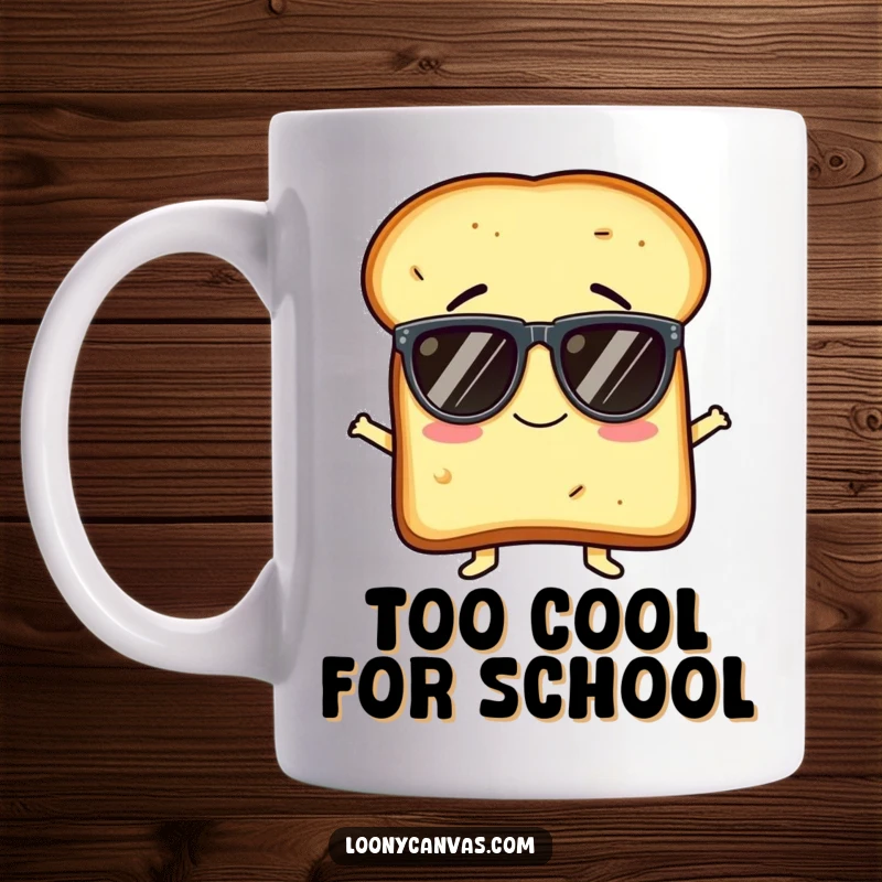Funny mug featuring a giggling slice of toast character comically attempting to wear oversized sunglasses, exuding pure morning joy.