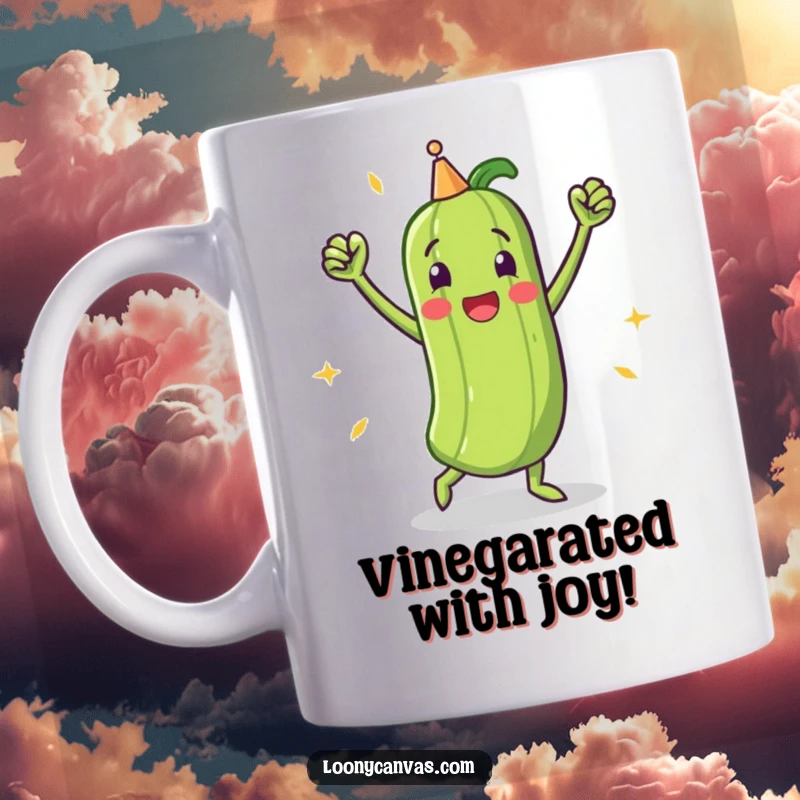 Funny mug featuring a triumphant pickle character joyfully performing a victory dance, radiating pure success and happiness.