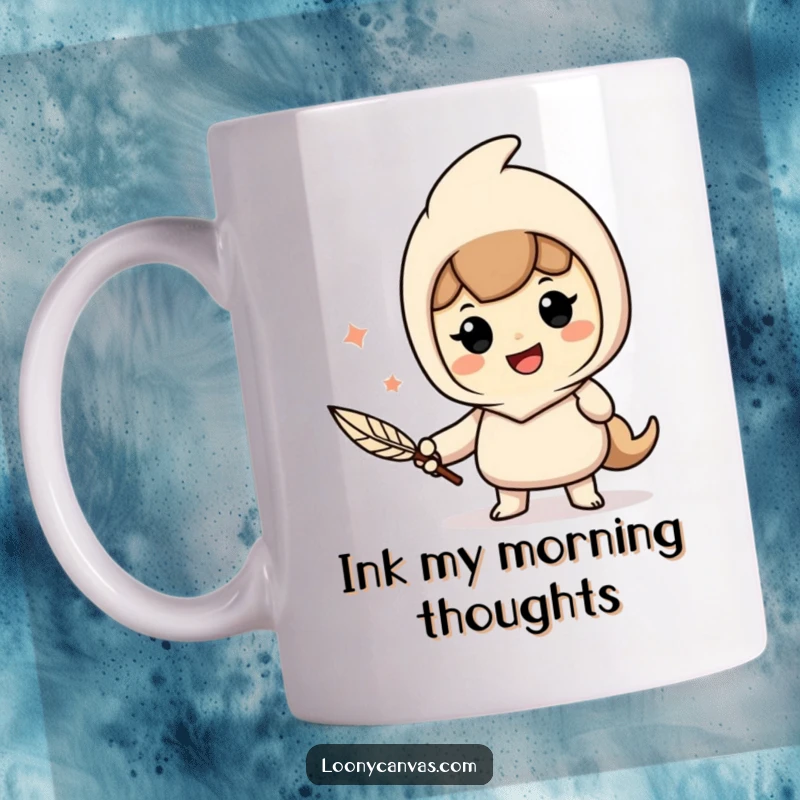 Funny mug showcasing a cheerful character joyfully writing with a quill pen, inspiring literary endeavors.