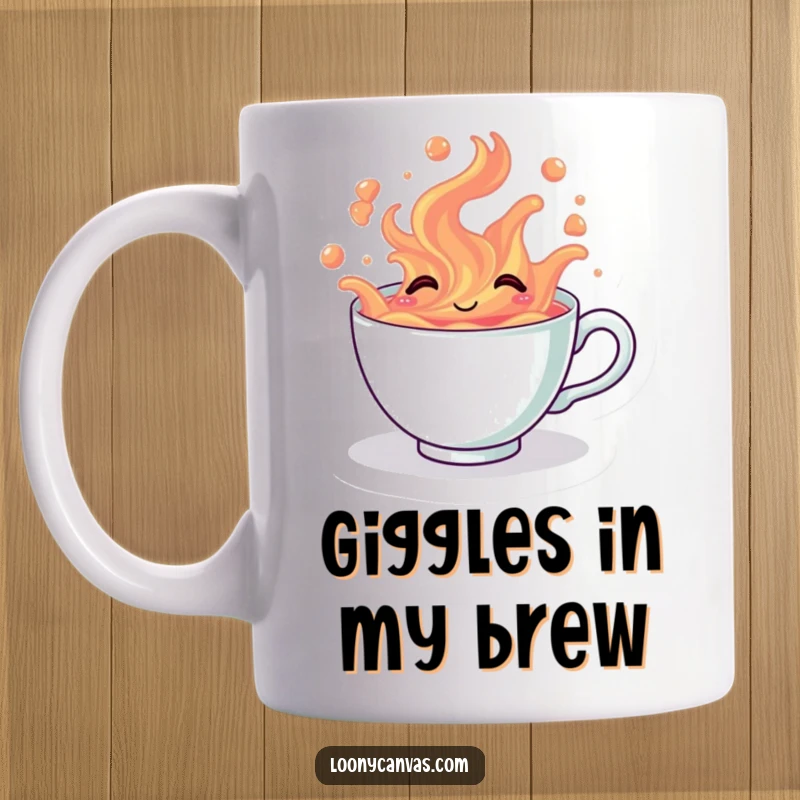 Funny kawaii giggling teacup overflowing with vibrant, swirling tea, perfect for tea enthusiasts and as a humorous gift.