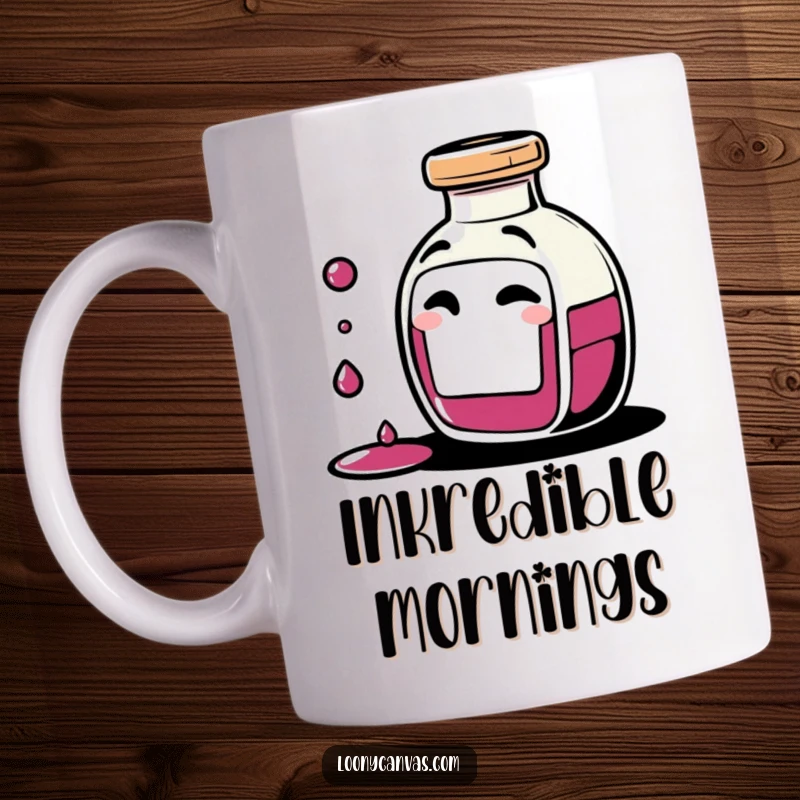 Funny giggling ink bottle character spilling tiny drops of ink with a mischievous wink on a mug, symbolizing creative expression.