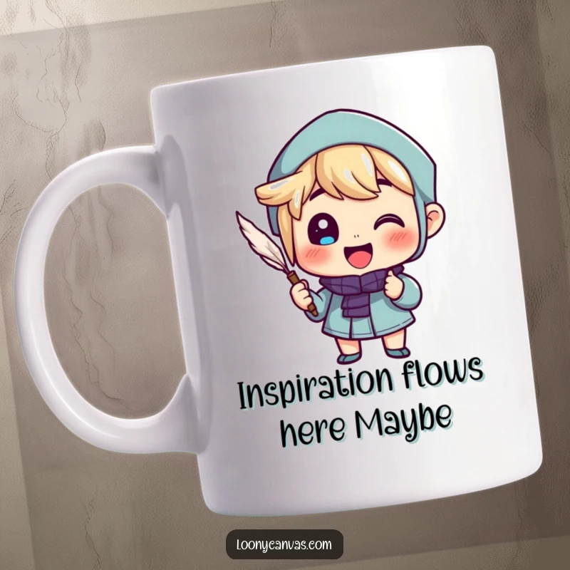 Funny mug with a cheerful character enthusiastically writing with a quill pen, inspiring creativity and adding a touch of humor.