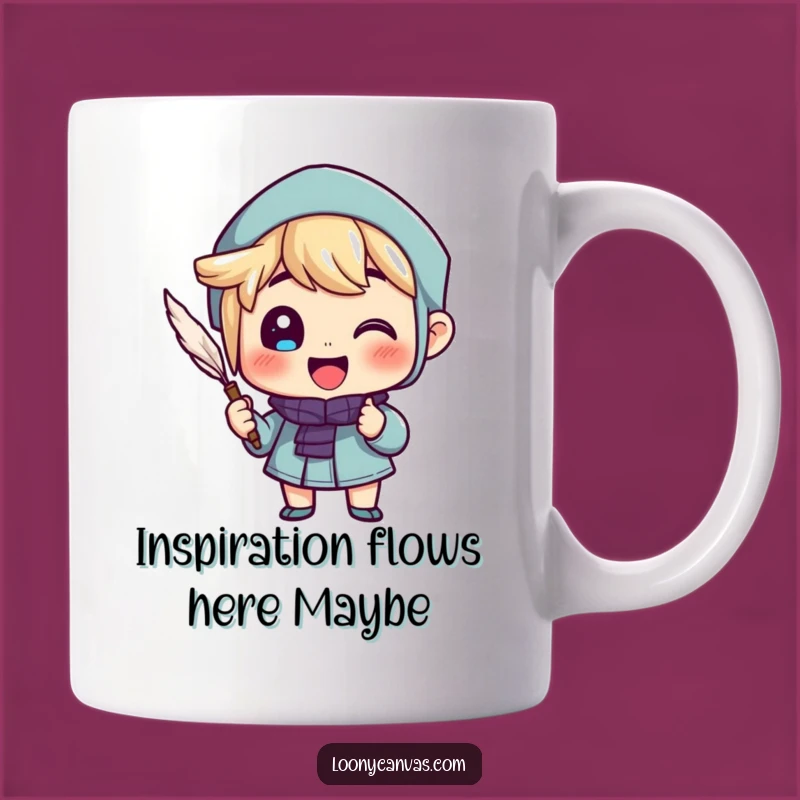 Funny Writer's Muse Mug: Cheerful Character Enthusiastically Quill Writing Gift