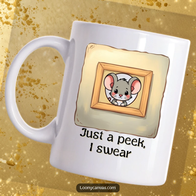 Funny mouse character curiously peeking through a keyhole in a painting, this artwork evokes mystery and humor on a mug.