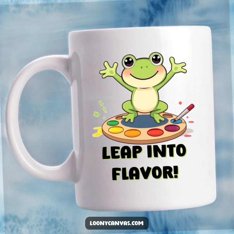 Funny joyful frog character jumping with glee into a colorful paint palette, this mug celebrates creative fun.