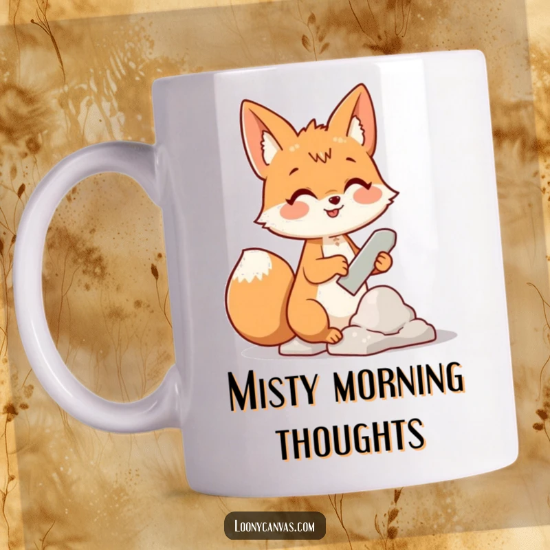 Funny mug showing a cheerful fox character using a chisel to sculpt a fluffy cloud, representing creative ambition.