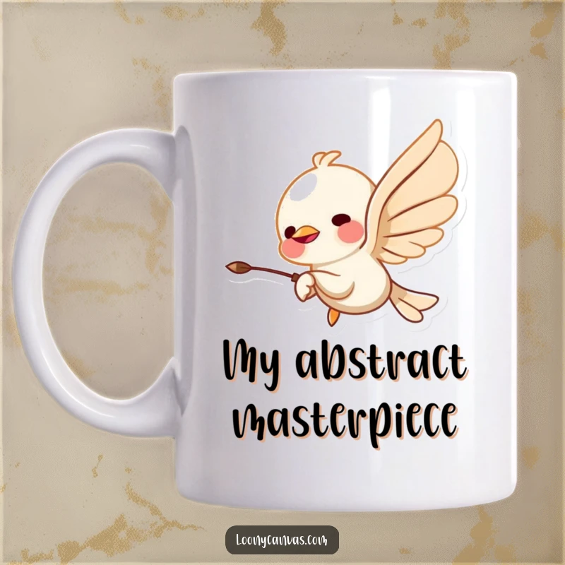 Funny mug featuring a chisel character in mid-air, expertly carving abstract, swirling shapes with artistic flair and a playful spirit.