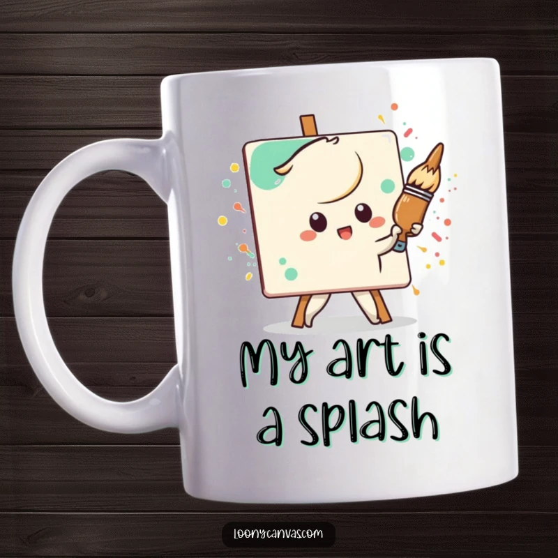 Funny determined Kawaii paintbrush character aggressively painting a messy, splattered canvas, a humorous art-themed gift.