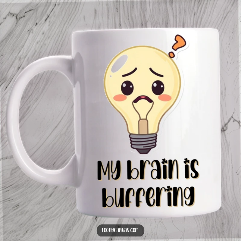 Funny lightbulb mug featuring a confused character flickering with a question mark, symbolizing a moment of intellectual bewilderment and humor.
