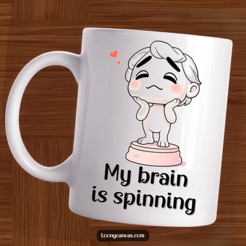 Funny mug of a confused-looking sculpture precariously wobbling on its pedestal, a comical art piece for daily contemplation.