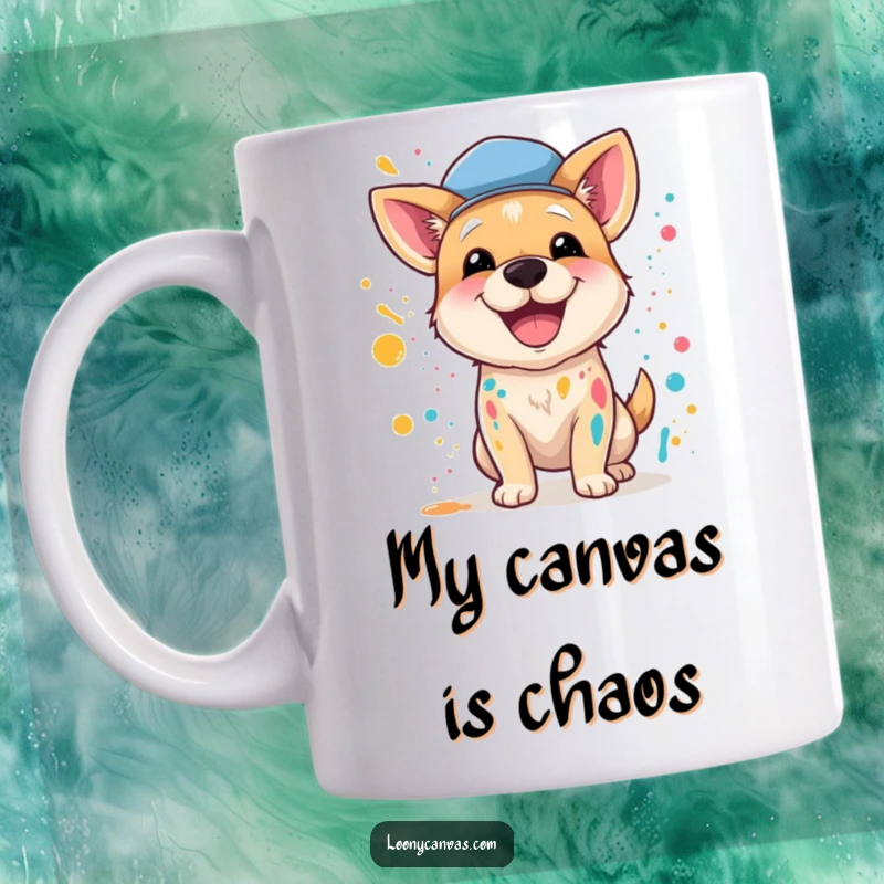 Funny mug featuring a happy dog wearing a beret, enthusiastically splattering paint everywhere in a chaotic artistic endeavor.