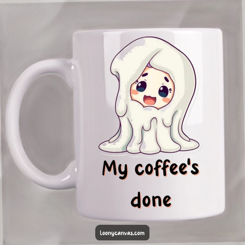 Funny melting sculpture mug, a smiling character looks shocked at a dripping, abstract art piece. Humorous and relatable.