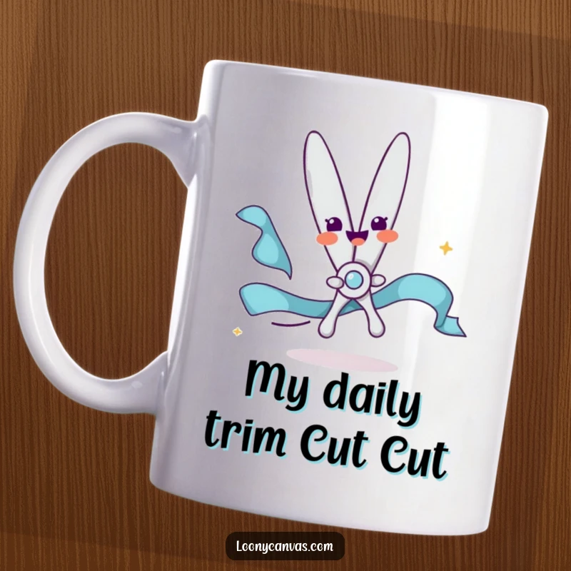 Funny mug featuring delighted scissors character happily snipping a flowing ribbon, perfect for craft lovers and gift-givers.