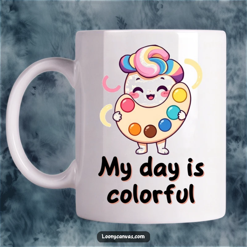 Funny smiling palette character holding a rainbow of swirling colors, on a ceramic mug.