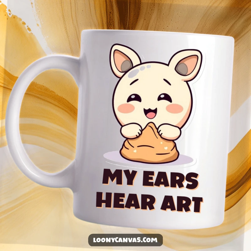 Funny mug showing a delighted circle character comically using its ears to sculpt clay, expressing creative chaos and pure joy.