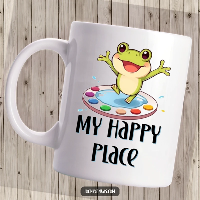 Funny Frog Mug: A joyful, green frog character happily jumping into a colorful paint palette, creating artistic fun.