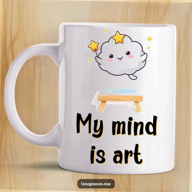 Funny kawaii starry cloud character joyfully leaping over a small canvas, celebrating art and creativity with pure delight. A whimsical gift.