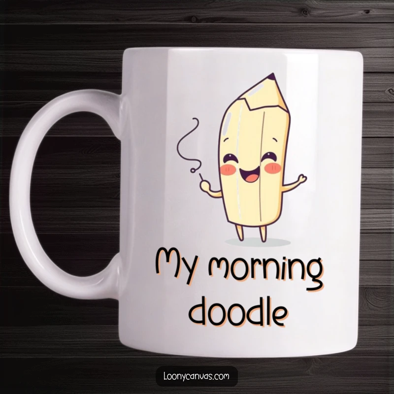 Funny mug featuring a playful pencil character drawing a spontaneous squiggle with a cheerful flourish, celebrating creativity.