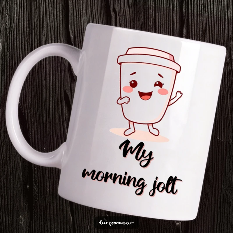 Funny kawaii coffee cup character with a wide grin energetically dancing a jig, spreading cheer and caffeine. A mug that dances.