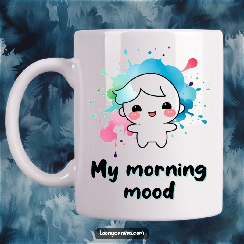 Funny mug depicting a happy little character formed from a playful ink splatter, a cute and artistic design for coffee lovers.
